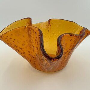 Vintage Handblown Italian MURERO Recycle Glass Amber Handkerchief Bowl